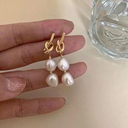Peri'SBox 2 Natural Pearls Link Drop Earring Knoopt Hollow Baroque Pearl Hanging Oorbellen Elegante Trendy Vintage Dangle Earring
