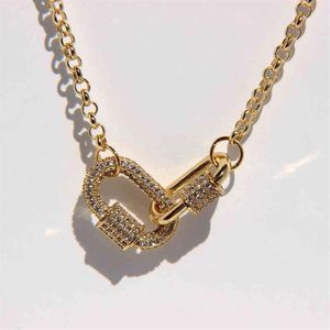 Peri'Sbox Gold Color Dubbele Cirkel Karabijnse kettingen Micro bestrating CZ Stone kettingen voor vrouwen Pin Minimalistische ketting 2103280H