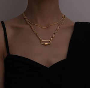 Peri039sBox – colliers avec mousqueton et épingle de sûreté de couleur or, ovale à deux couches pour femmes, pendentif minimaliste en acier inoxydable, bijoux 9873662