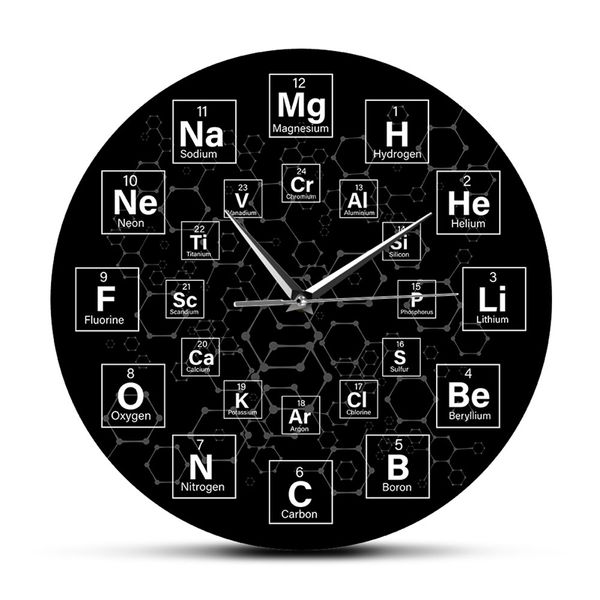 Tableau périodique des éléments Symboles chimiques Horloge murale Science Wall Art Decor Salle de classe Montre murale Professeur de chimie Cadeau 210325