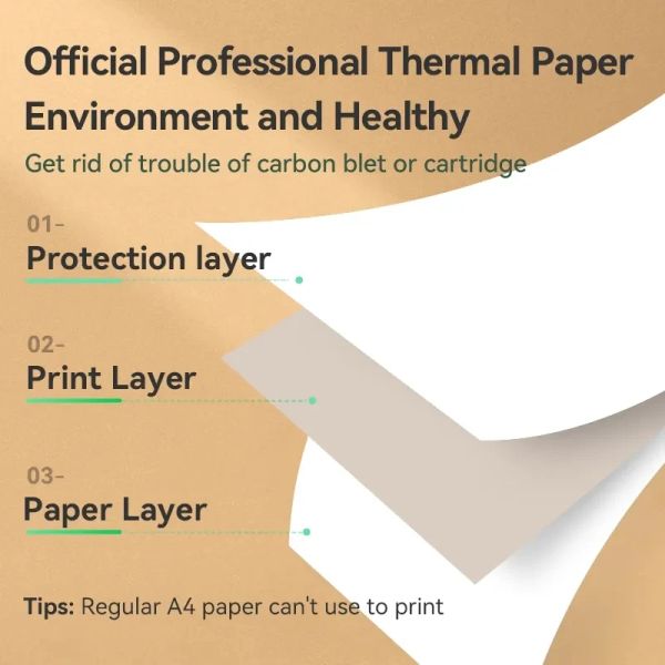 PERIPAGE MINI A4 Impresoras Decisión rápida y largo tiempo Papel térmico continuo de 100 láminas Papel de papel térmico doblado