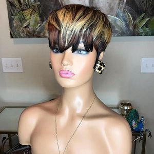 Perivian Hair Short Cut Bob Perruques Avec Pleine Frange Pleine Dentelle Avant Droite Pixie Perruque Ombre Blonde Perruques De Cheveux Humains Pour Les Femmes Noires