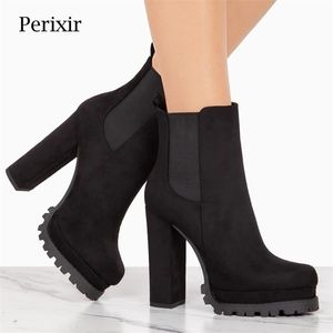 Perixir -platform Ankle Boots For Women Elastic Siding Herfst Winter Winter Women Dikke Heel Platform Boots Ladies Worker Boots Black 201103