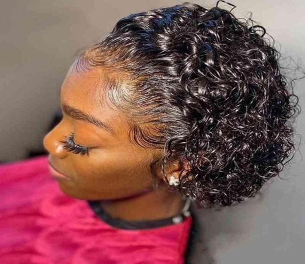 Perruque brésilienne courte coupe lutin bouclée dentelle avant perruque pour les femmes noires cheveux humains Pixie boucles fermeture perruque Tpart Pixie Wigs65353437945686