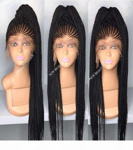 Perruque Lace Front Wig synthétique tressée longue cornrow, couleur marron noir, Micro tresses avec cheveux de bébé résistants à la chaleur pour l'afrique ame3699061