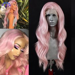 Perruque Synthétique Pink Pruik Lange Diepe Wave Kant Front Pruiken Synthetisch Hittebestendig Haar voor Black / White Women