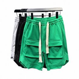 Persality Shorts High Street Cargo Big Pocket Demi-pantalon Étiquette en cuir vert Cordon de serrage Shorts décontractés Pantalons pour jeunes hommes Capris T6qC #