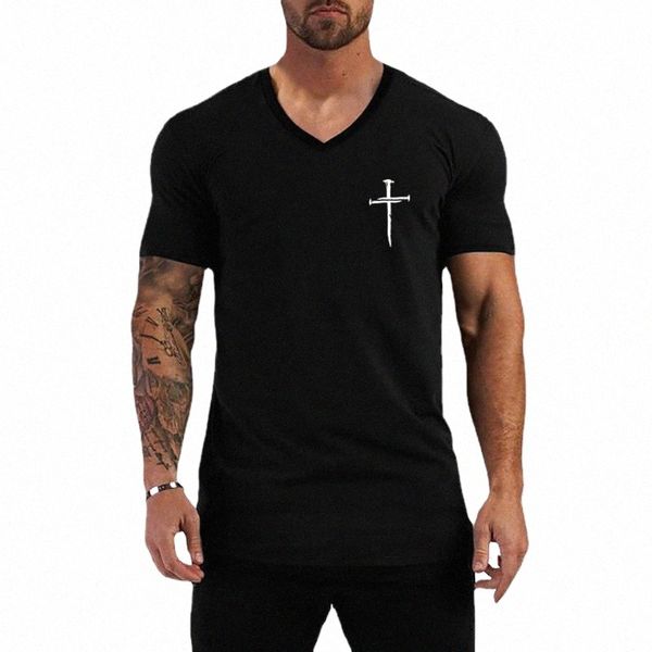 Persalized Cross Fi T-shirt à col en V Hommes Cott Slim Fit T-shirt à manches courtes Homme Fitn T-shirts d'entraînement Vêtements de sport d'été e64L #