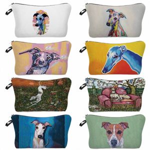 Persalized Oil Painting Greyhound Dog Prints Make -uptas draagbare vrouwelijke toilettas Tas Kids Big Pencil Case Women Cosmetic Bag 88QJ#