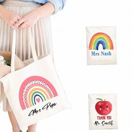 Persalized Rainbow Women Canvas Tote Teacher Shop Bag Teacher Life Herbruikbare Eco Shopper Schoudertas Boektas Fi Gift M46F#