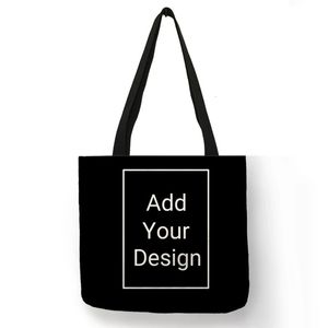 Bolsos personalizados personales para mujer, bolso de mano, bolso de lona de tela de lino con imágenes impresas, bolsas de compras, bolsos de hombro negros DIY 240322