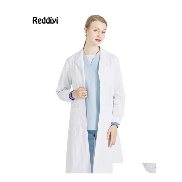 Equipo de protección personal para negocios Mujeres Doctoras Uniforme Bata de laboratorio blanca Traje de enfermera Mujeres Esteticista Ropa de trabajo Slim Me Dh4Qi