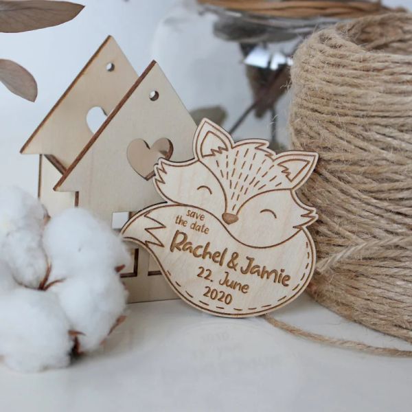 Magnets de boda de nevera de madera personalizados Favores de regalo personalizados de madera rústica personalizada para invitados Fox Cute