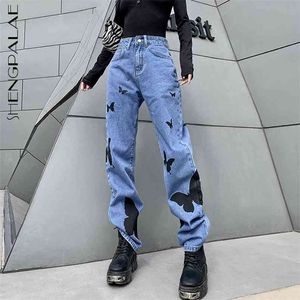 Personnalité Butterfly Print Jeans Femme Spring High Taille Streetwear Pantalon en denim droit Mode féminine 210427