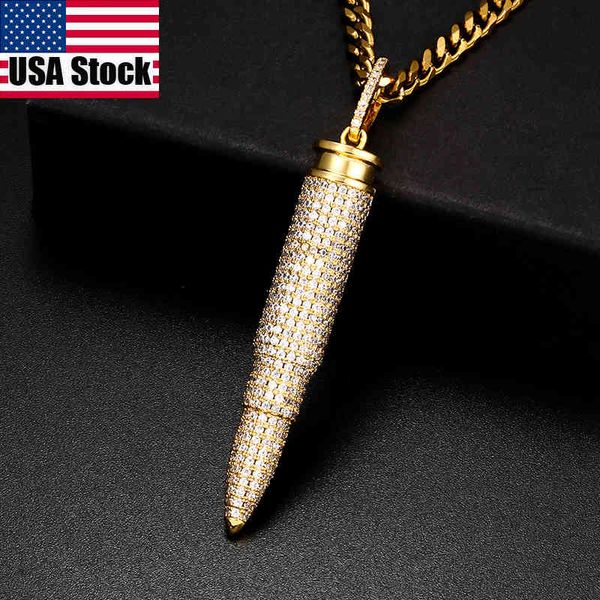 Personnalité Design AK Bullet Pendentif Collier Plein Glacé Zircone Cubique Collier Hommes Femmes Hip Hop Bijoux Rappeur Cadeau X0509