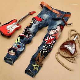 Personalidad bordado belleza insignia parche Jeans hombres vaqueros rasgados marca de moda motorista Hip Hop Denim Slim Fit Casual Pants11242T