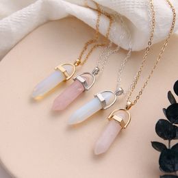 Collar con colgante de cuarzo con columna Hexagonal para mujer, colgante de cristal rosa con forma de bala de piedra Natural a la moda, joyería para mujer