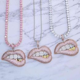 Personnalité Iced Out Bling Mouth Pendant Colliers AAA Zircon Tennis Chain Fashion Hip Hop Lief Chocker Collier Femmes Bijoux X0509