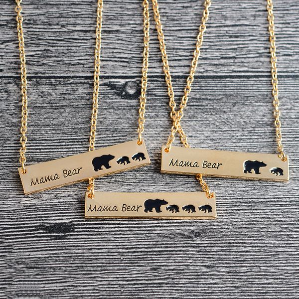 Personnalité Mama Bear Bar Pendentif Bijoux Mama Bear avec un deux trois Petits Ours Gravé Simple Chaîne Colliers pour Femmes