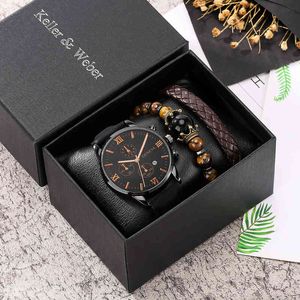 Persoonlijkheid Heren Horloge Armband Set Heren Zwart Quartz Horloges voor Man Lederen band Pin Gesp Bruin Cadeau Man