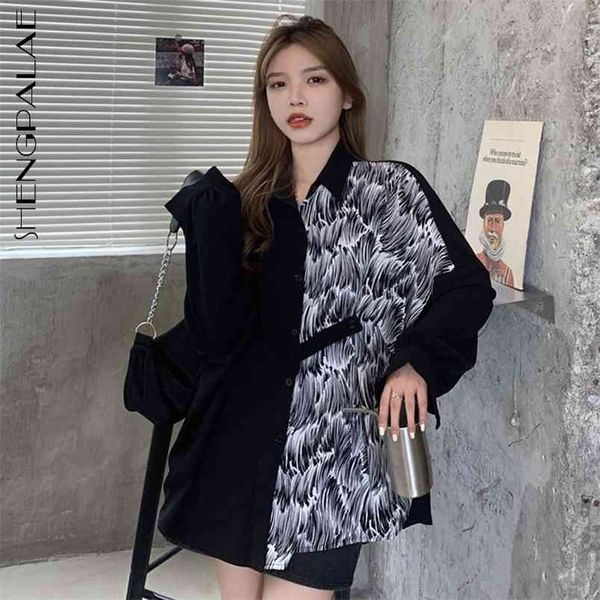 Personality Patchwork Blouse Womne's Spring Lapel Large Size Single Braested Long Sleeve Shirt Female 5B872 210427