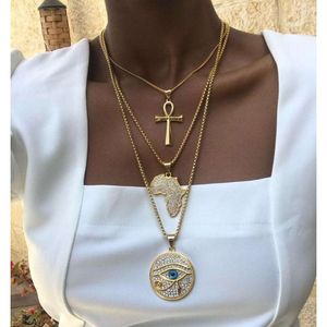 Persoonlijkheid Populaire Strass Afrika Kaart Vergulde Gouden Kruis Demon Eye Hanger Multilayer Ketting voor Vrouwen