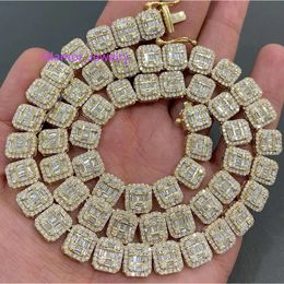 Personnalité sertie de diamant 925 Baguette entièrement glacée Coupe ronde Vvs Moissanite Diamond Cluster Tennis Chain 925 Silver Round Baguette Rectangle Link Necklace