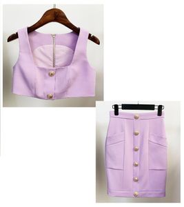 Personnalité sexy robe de deux pièces Original Design Femme Metal Buckles Super-Short Vest Top Jirt Set Square Collar Violet