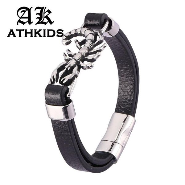 Bracelet Scorpion en acier inoxydable pour hommes, bijoux de personnalité, bracelets en cuir noir, boucle magnétique, PD0477257K