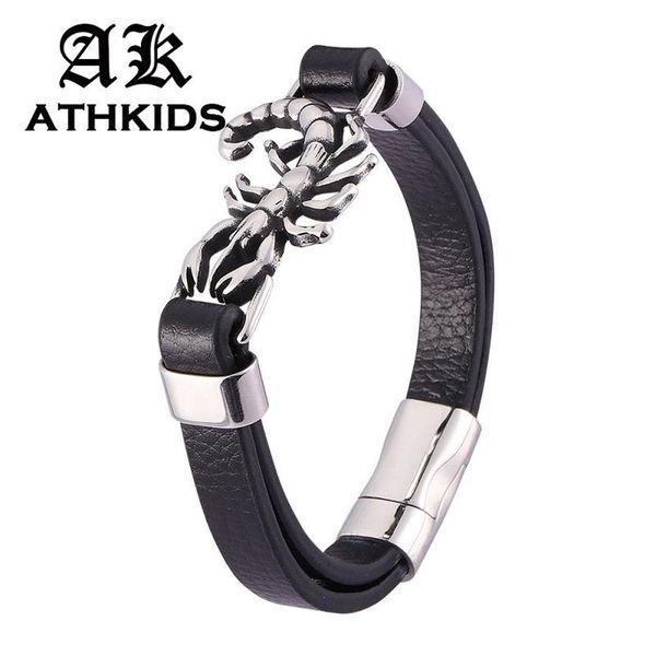 Bracelet Scorpion en acier inoxydable pour hommes, bijoux de personnalité, bracelets en cuir noir, boucle magnétique, PD0477270S