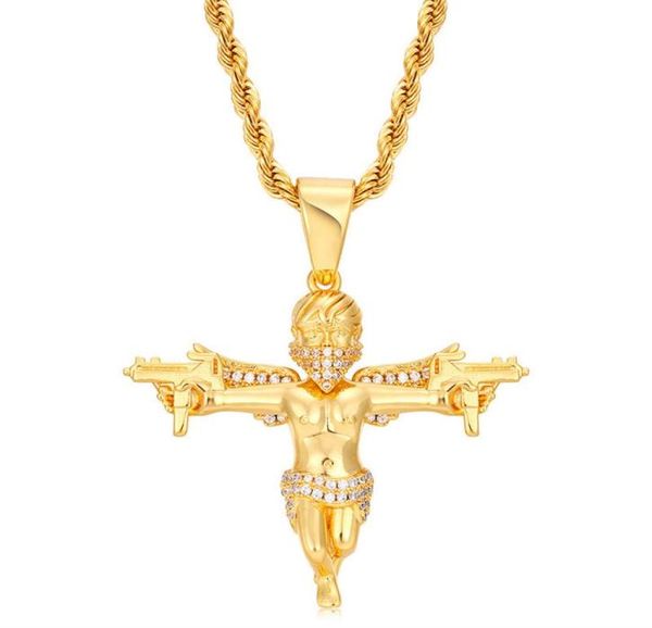 Personalidad rapero callejero joyería oro plata colores CZ arma ángulo colgante collar con cadena de cuerda de 24 pulgadas bonito regalo 2476129