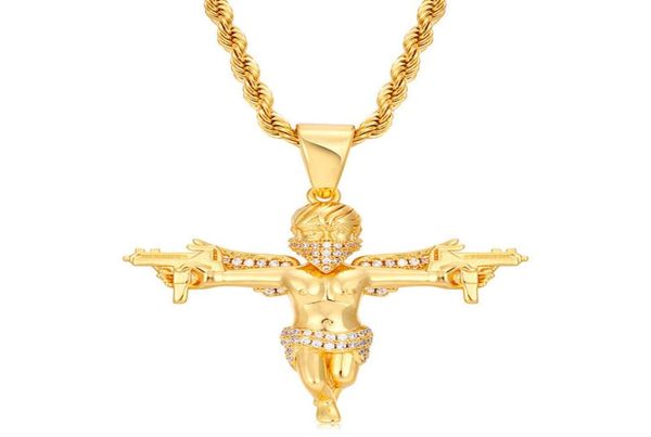 Personalidad rapero callejero joyería oro plata colores CZ arma ángulo colgante collar con cadena de cuerda de 24 pulgadas bonito regalo 5263558