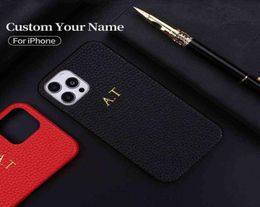 Personalisatie Aangepaste eerste naam Pebble graan lederen telefoonhoes voor iPhone 12 11 13 Pro X XR XS Max 78 Plus DIY telefoonhoes H11893251
