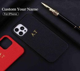 Coque de téléphone en cuir à Grain de galets, personnalisée, nom Initial, pour iPhone 12 11 13 Pro X XR XS Max 78 Plus, DIY, H12028615