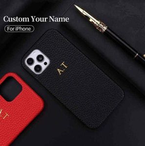 Personalisatie Aangepaste initiële naam Pebble Grain lederen telefoonhoes voor iPhone 12 11 13 Pro X XR XS Max 78 Plus DIY telefoonhoes H14083704