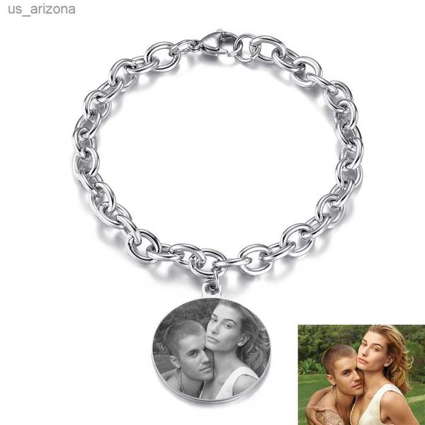 Personalizar fotos de grabado personalizado Nombre de las pulseras para mujeres Memor Memoria Pulsera de acero inoxidable por láser Never Fade Jewelry L230620