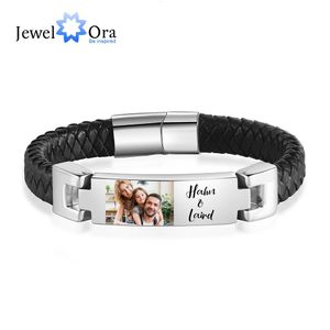 Personnalisez les hommes Po Bracelet en cuir noms de famille personnalisé en acier inoxydable empilable Bracelet bijoux cadeau d'anniversaire pour père 240227