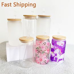 Gepersonaliseerde 12oz Clear Glass Cup Tumbler Sublimation Soda Pop Can DIY Matte Koffie Melk Mok met Bamboe Deksel Juice Straw Cups