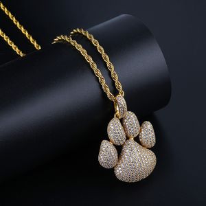 Gepersonaliseerde 18K Vergulde Volledige Cubic Zirconia Leuke Hond Voetafdrukken Hanger Ketting Twist Ketting Hip Hop Sieraden Geschenken voor jongens en meisjes