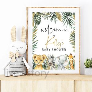 Signe de baby shower personnalisée Art Print Jungle Animal Baby Shower Affiche Boho Style Canvas Peinture Bridal Shower Decor