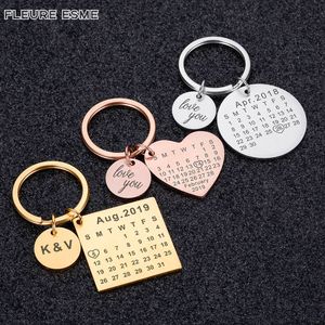 Gepersonaliseerde kalender Keychain gegraveerde aangepaste datum roestvrijstalen sleutelhanger trouwdaggift voor vriendje vriendin