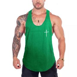 Gepersonaliseerde cross print y Back Gym Bodybuilding Fitness Muscle Tank Tops Mesh Ademende snelle droge mouwloze heren Casual shirt 240415