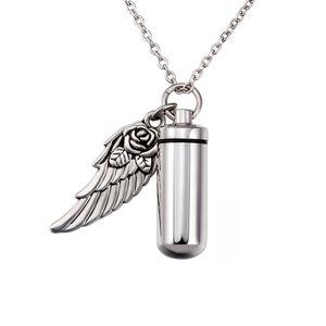 Gepersonaliseerde Custom Cremation Sieraden Cilinder voor Ashes Urn Ketting Roestvrijstalen Memorial Angel Wing Urn Hanger