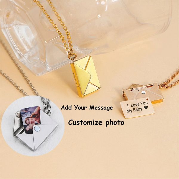 Personnalisé personnalisé enveloppe personnalisé Po collier collier chaîne pendentif gravé nom bijoux caché Po bijoux cadeau pour elle 240119