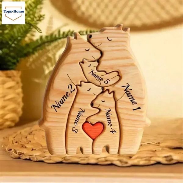 Personnalisé personnalisé gravure gratuite ours famille puzzle en bois cadeau d'anniversaire de Noël nom sculpture 27 noms décor de bureau 240129