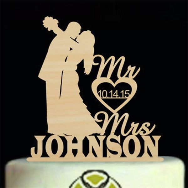 Gâteau personnalisé avec Silhouette en bois, avec le nom de famille et la Date de M. Mme, pour décoration de gâteau de mariage, D220618