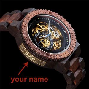 Gepersonaliseerde aanpassing Wacht mannen Bobo Bird Wood Automatische horloges Relogio Masculino OEM Anniversary Gifts For Hem gratis gravure 210329