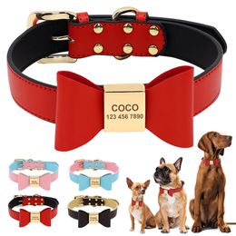 Personalized Dog Name Collar Soft PU Leather Puppy Cat Bowknot Necklace Antilost ID Collars for Small Medium Large Dogs Cats 240418