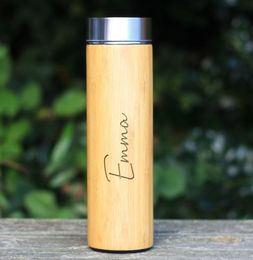Flash de voyage Eco Bamboo personnalisé, bouteille de boissons isolées de 500 ml, tasse de voyage gravée au laser, nom de nom personnalisé Gift pour la fête des mères
