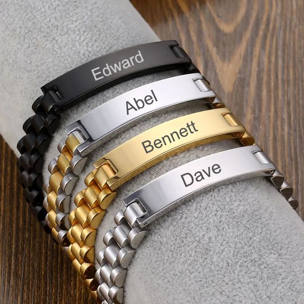 Nom gravé personnalisé Bracelet Men Custom Letter ID Bracelets Gold In colowless Steel Link Man bijoux 240416